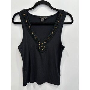 Ninety Black Beaded Crochet Trim Tank Top Size L Boho Y2K Stretch Knit